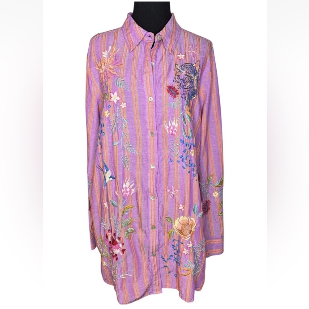 Johnny Was Indigo Button Down Tunic Shirt Medium M Pink Orange Stripe Top - Picture 2 of 9